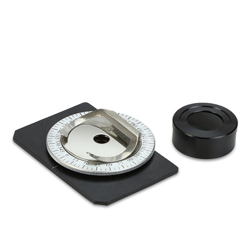 Kit sencillo de polarización. El filtro polarizador se monta sobre el ocular del microscopio y el analizador de 32 mm. se coloca en el anillo porta-filtros del condensador